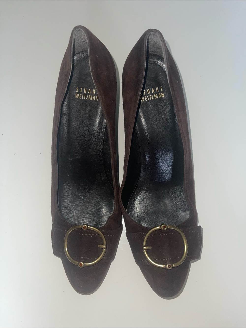 Stuart Weitzman Dark Brown Suede Pumps with Gold Ring